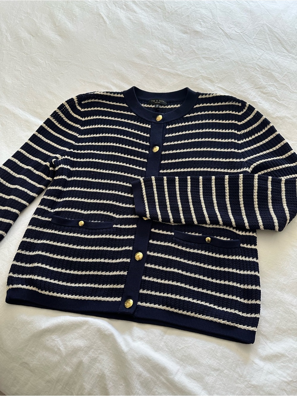 rag & bone Navy and White Striped Gold-Button Cardigan, size medium - Picture 14 of 14